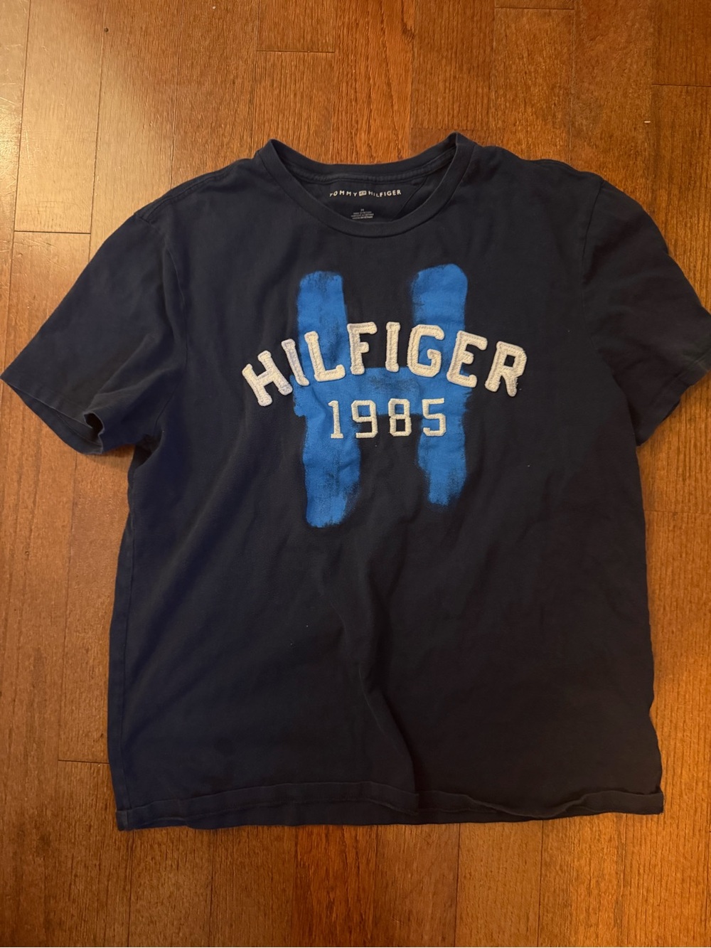 Tommy Hilfiger Navy Tee with Light Blue Graphic and White Lettering